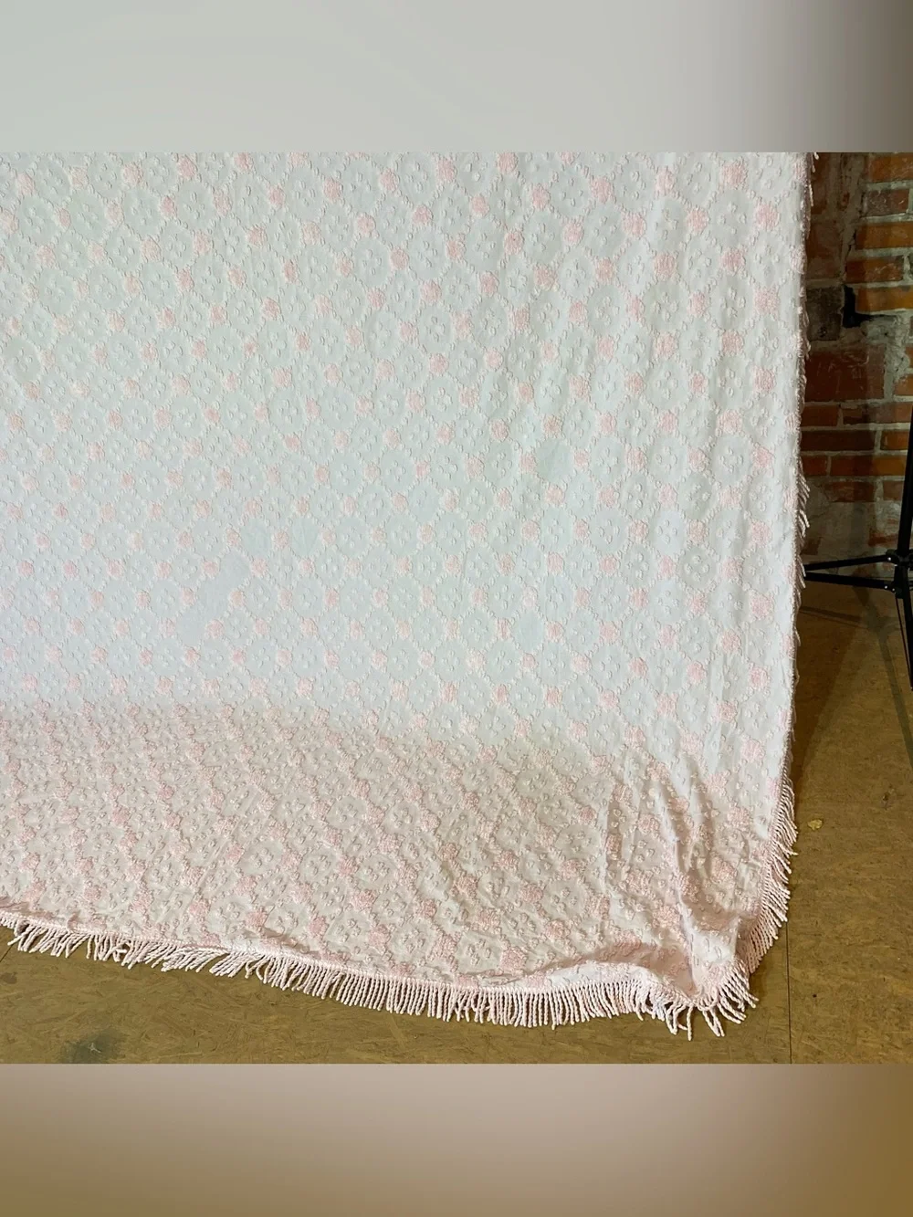 Vintage MCM Pink Chenille Fringe Bedspread Queen 96” x 120”